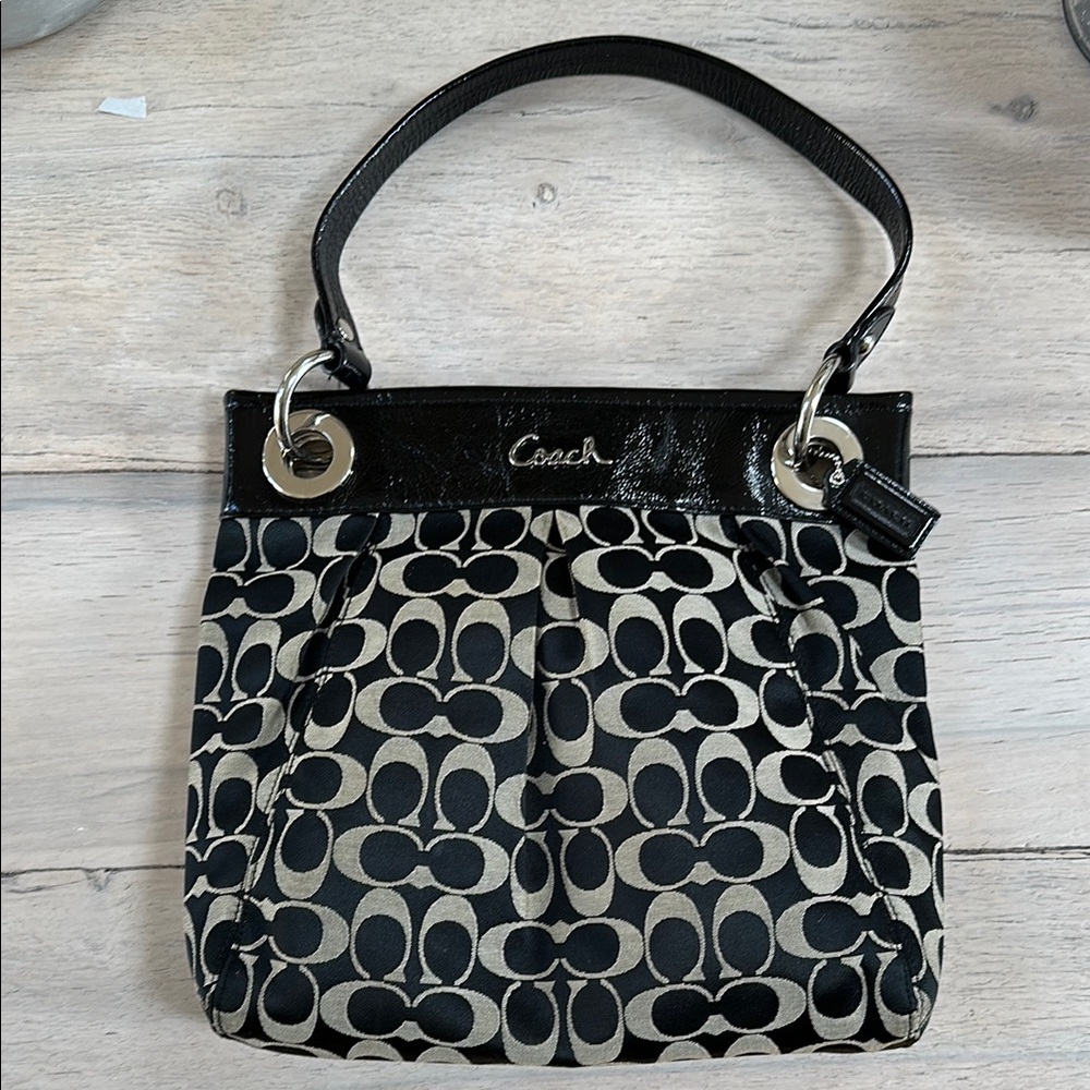Coach Black and Cream Shoulder Bag W/Signature Pattern W/ patient leather trim